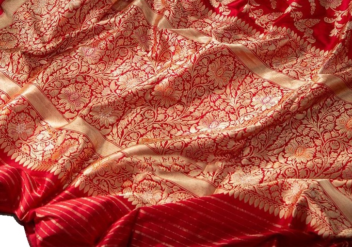 Handwoven red and gold Banarasi silk saree with zari brocade border