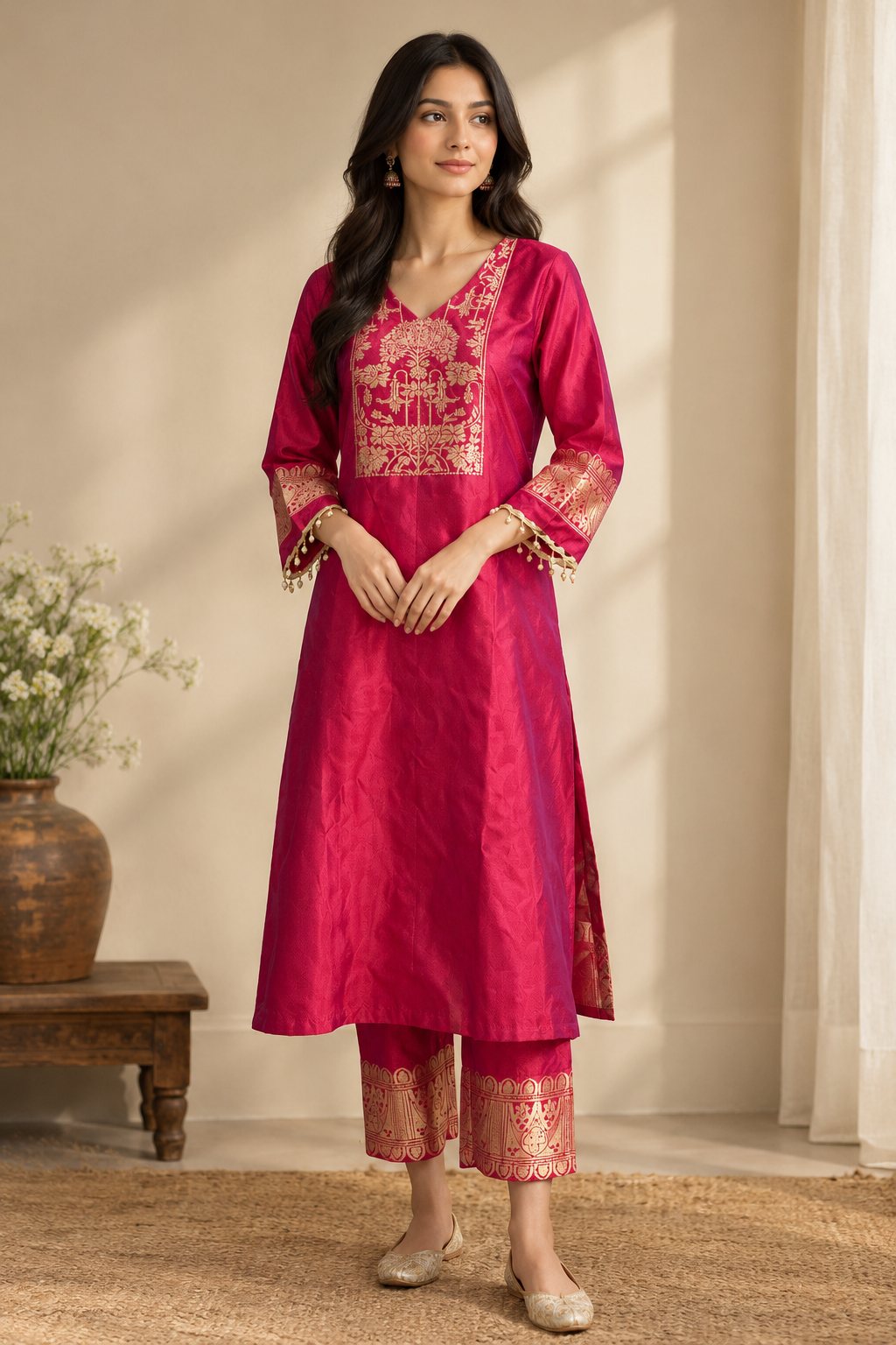 Model in a magenta silk party outfit with gold woven yoke