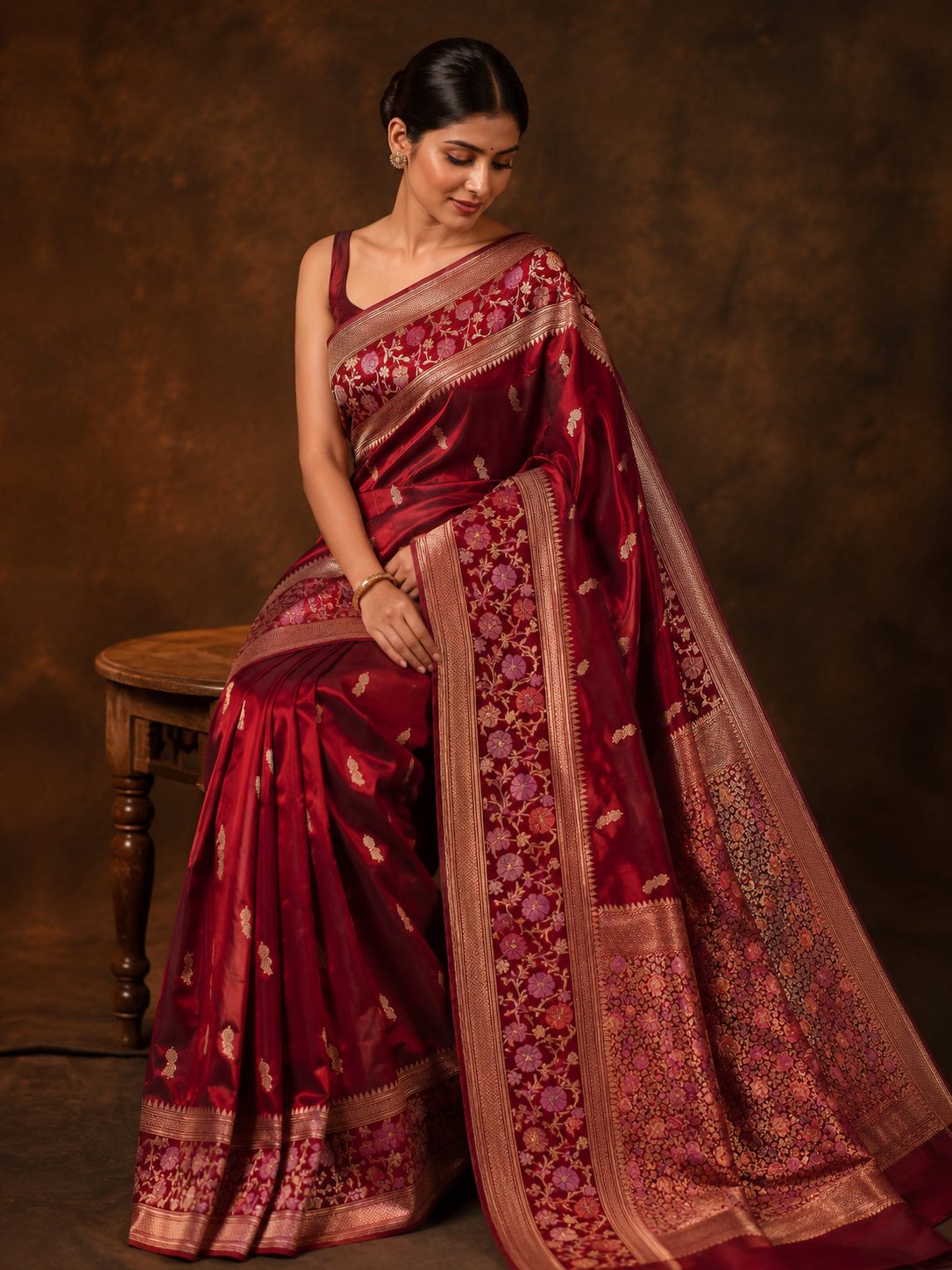 Model draped in a maroon Banarasi silk saree with zari border